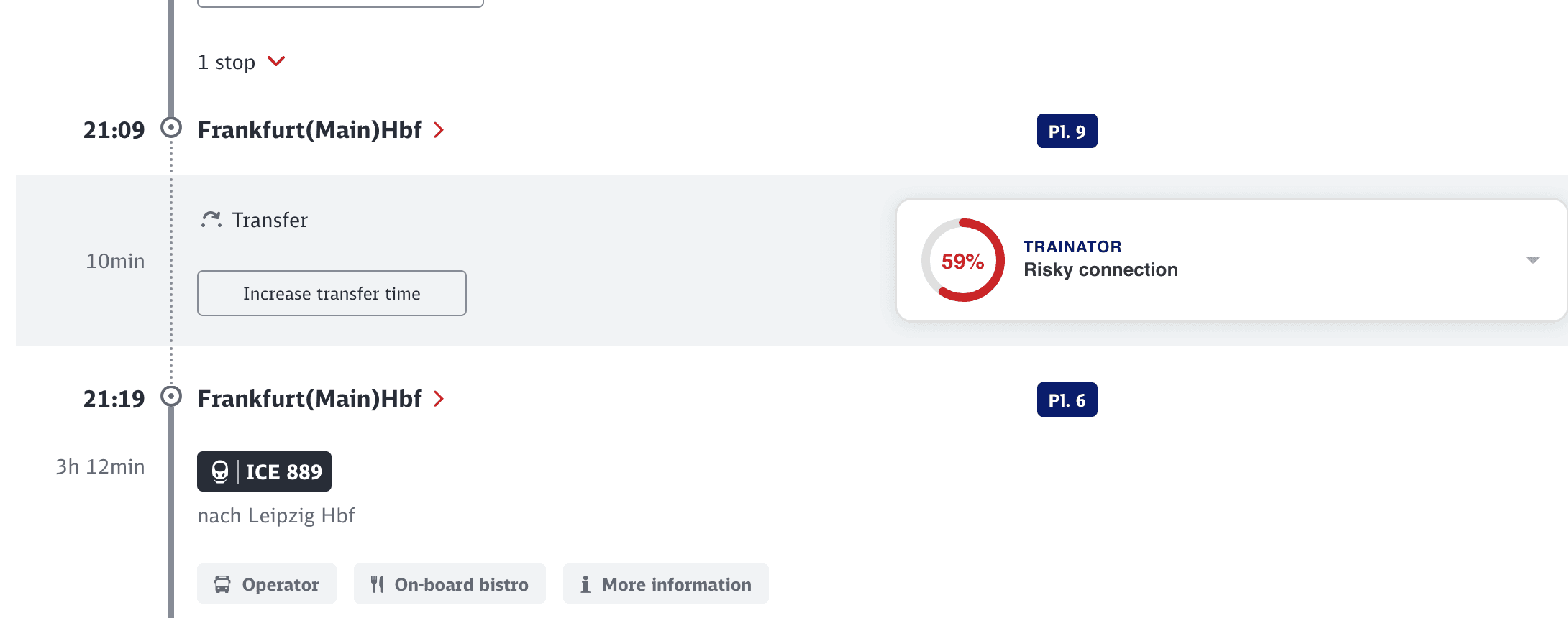 Trainator extension showing a risky connection warning on bahn.de